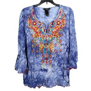 Ali Miles Top Blouse XL Purple Tie Dye Embroidered Colorful Boho Art to Wear